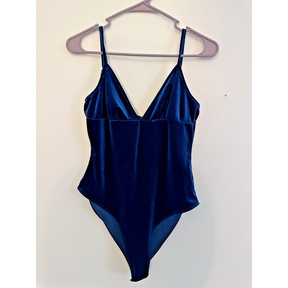 SHEIN Cami Bodysuit L Dark Blue Crushed Velvet V-Neck Whimsigoth Glam Sleeveless